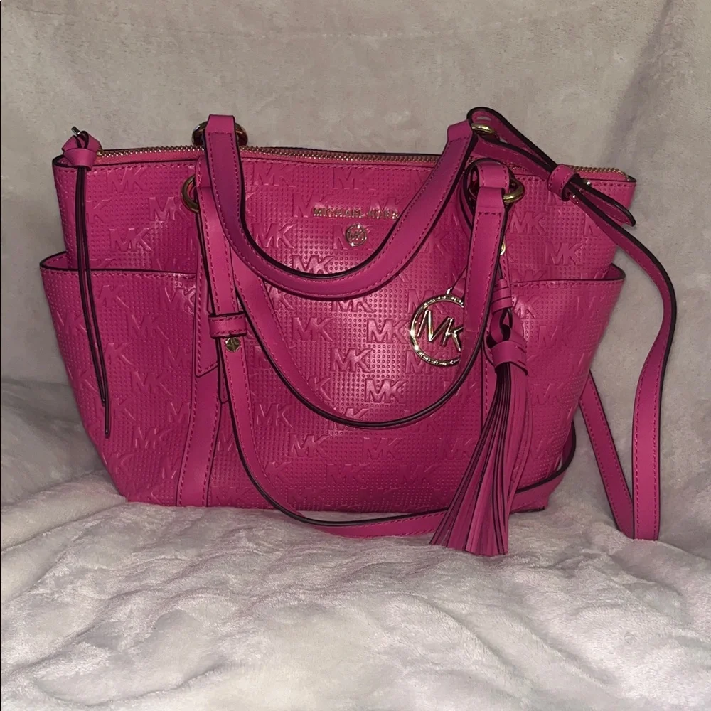 Michael Kors Hot Pink Embossed Leather Tote with Tassel Charm - Picture 1 of 4